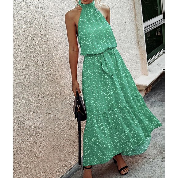 Green Polka Dot Halter Flounce Maxi Dress - Picture 2 of 8